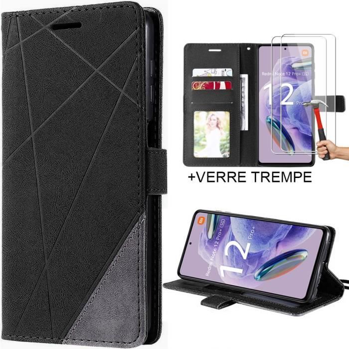 Coque pour Redmi Note 12 Pro+-Note 12 Pro Plus Flip Case Support Synthécuir Noir et 2 Verres Trempés