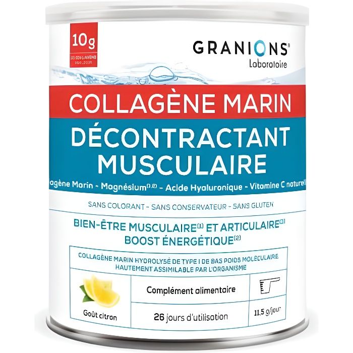 Granions Décontractant Musculaire Collagène Marin 300g - Magnésium - Vitamine C - Collagène marin type I - Saveur Citron