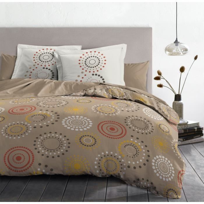 Parure de Couette 100% Coton FEU D’ARTIFICE - 1 Housse de Couette 220x240 cm + 2 Taies d'Oreillers - Taupe