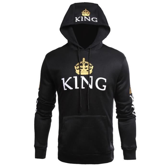 Couple Femme Homme Pull Chandail Capuchon Imprimé Couronne KING QUEEN Sweatshirt