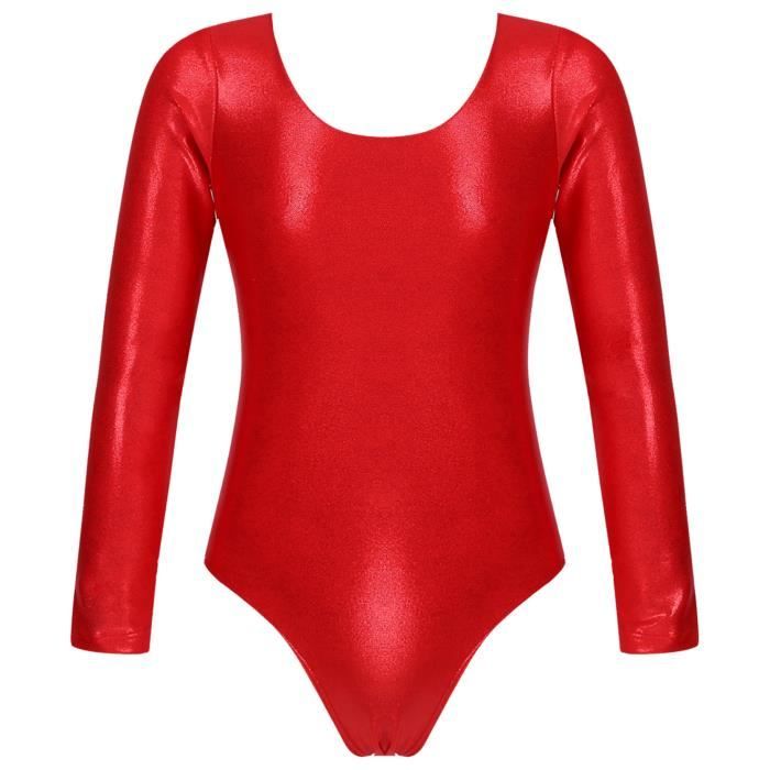 YIZYIF Enfant Fille Justaucorps Danse Classique Manche Longue Métallique Bodysuit Gym Ballet 4-14 Ans Rouge
