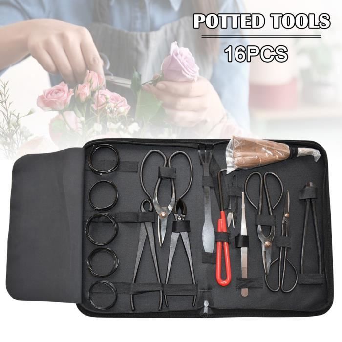 Ensemble d'outils de jardinage de bonsaïs 16pcs Kit ciseaux de coupe en acier au carbone avec étui en nylon
