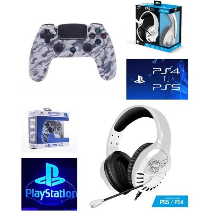 Pack Manette PS4 Bluetooth Camouflage Blanc 3.5 JACK + Casque Spirit of Gamer PRO-H3 PS4-PS5 PLAYSTATION