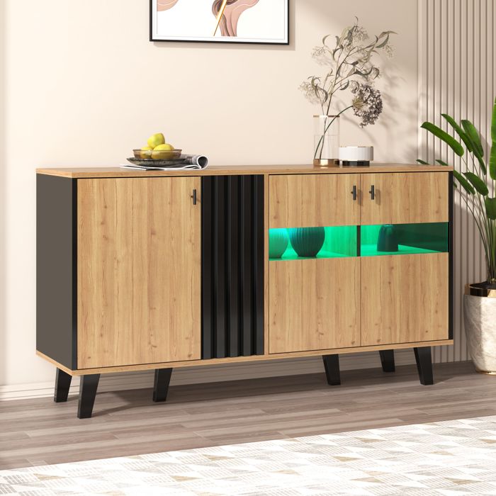 Buffet 140 x 78 x 41 cm avec rangement meuble avec lumière LED et verre en bois et noir