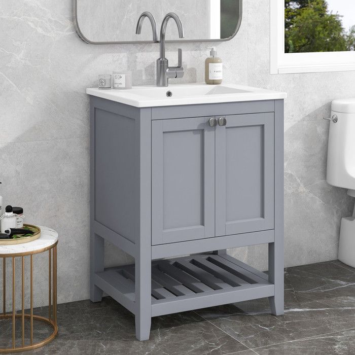 meuble de salle de bain avec une vasque en céramique - 2 portes et étagère en bas - gris(robinet non inclus) - gris