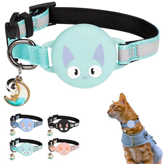 Collier Chat Airtag avec Accessoire Compatible avec Apple Airtag, Réfléchissant, Anti-Étranglement, Réglable - Turquoise