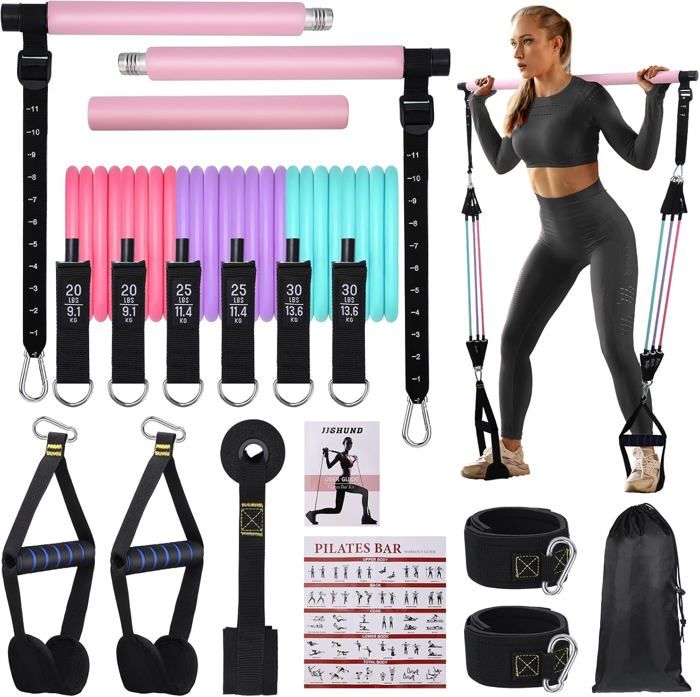 Kit Barre Pilates ALongSong Avec 6 Bandes Élastiques 50-360LBS - Home Gym Portable - Ancrage Porte Inclus
