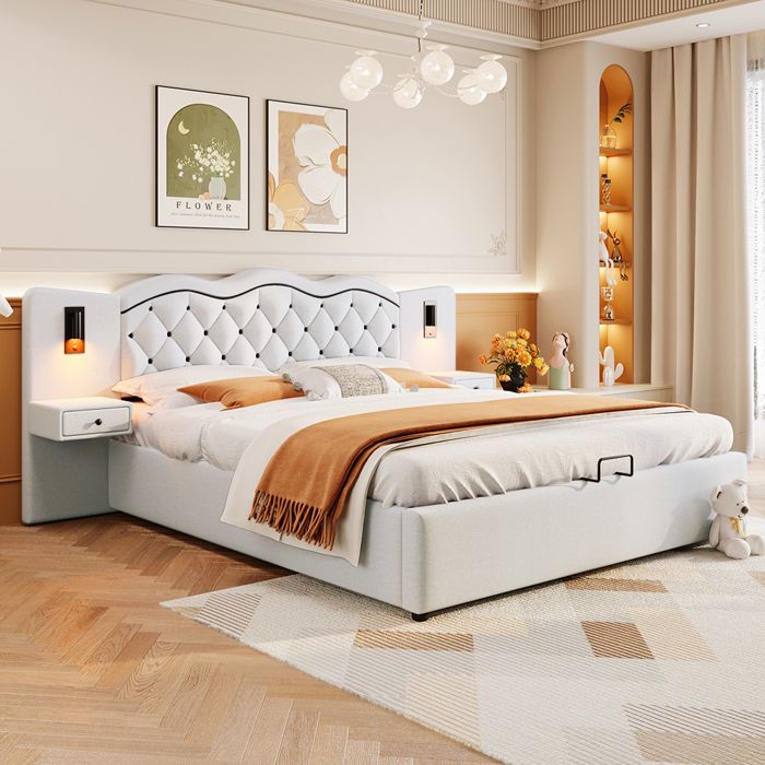 Lit coffre Lit 180x200 cm lit capitonné - connecteur USB deux lampes de chevet - SWEIKO - Beige