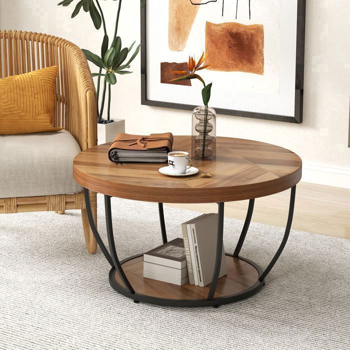 Table Basse Salon 80 cm à 2 Niveaux COSTWAY Cadre en Métal Table Basse Bois Table Ronde dAppoint pour Chambre Naturel