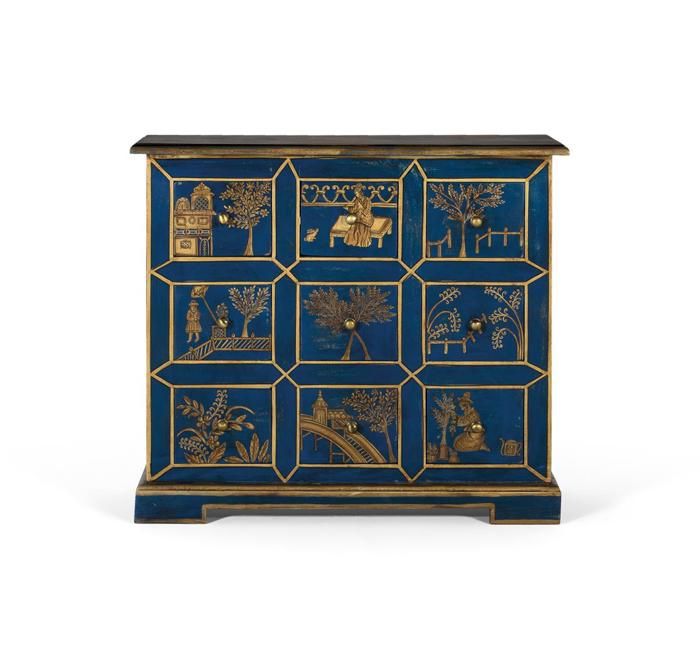 Commode - Giner y Colomer - 9 Tiroirs - Bois de Manguier - Motifs Peints à la Main - Bleu