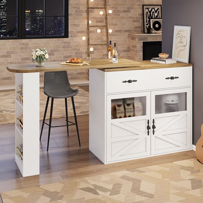 Table de bar extensible avec rangement table de bar mobile table de bistrot avec étagères îlot de cuisine 138-204x39x104