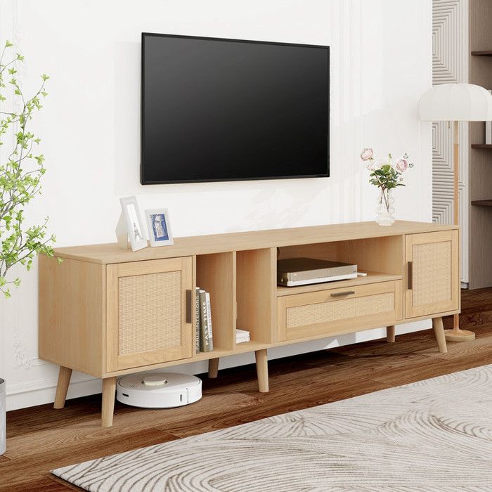 Meuble TV Bois Meuble TV Rotin avec 2 Portes et 1 Tiroir Pieds en Bois Massif Pouvant Accueillir une Télévision de 80 Pouces