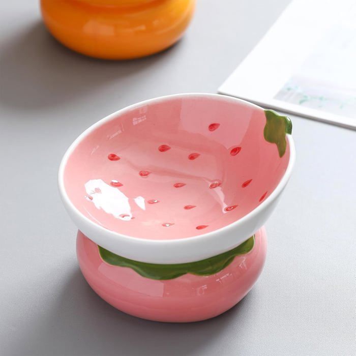 Gamelles céramique chat inclinées 15° nourriture sèche/humide accessoires animaux fraise