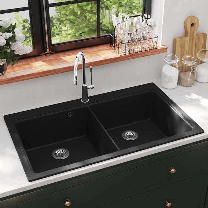 Évier de cuisine encastrable - 2 bacs - Granit noir - 860x510 mm - Résistant à 280°C - Anti-salissures