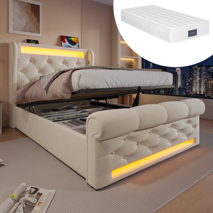 Lit rembourré moderne - 90x200 cm - Beige - Velours - Rangement hydraulique avec LED