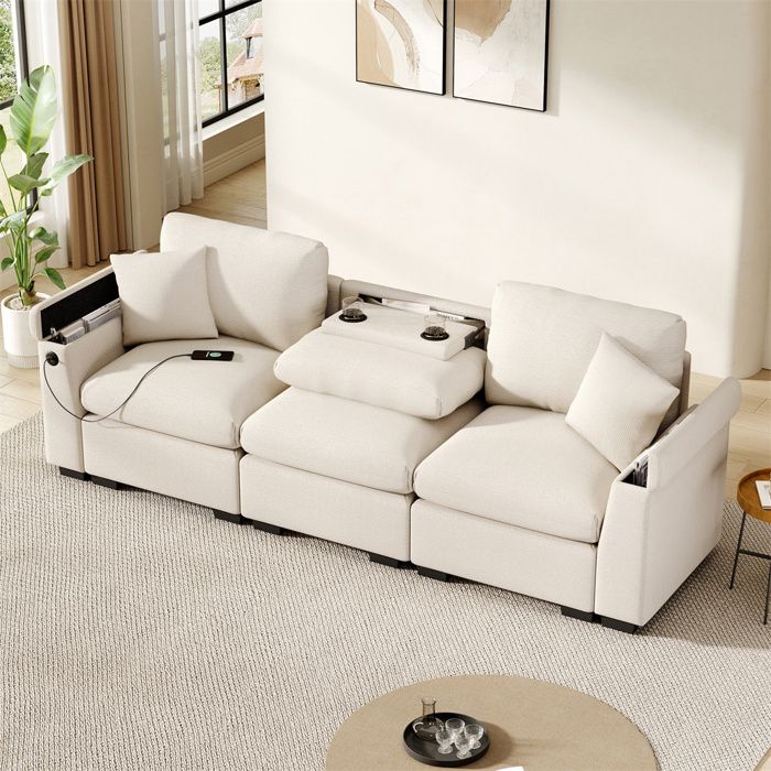 Canapé 3 places en chenille beige avec table pliante port USB et rangements — 242×80×88 cm
