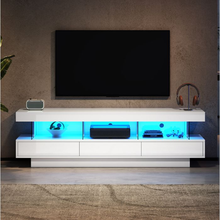 MEUBLIV Meuble TV Haut Brillant avec 3 Compartiments en verre LED et 3 tiroirs 160x38x50.5cm bois blanc