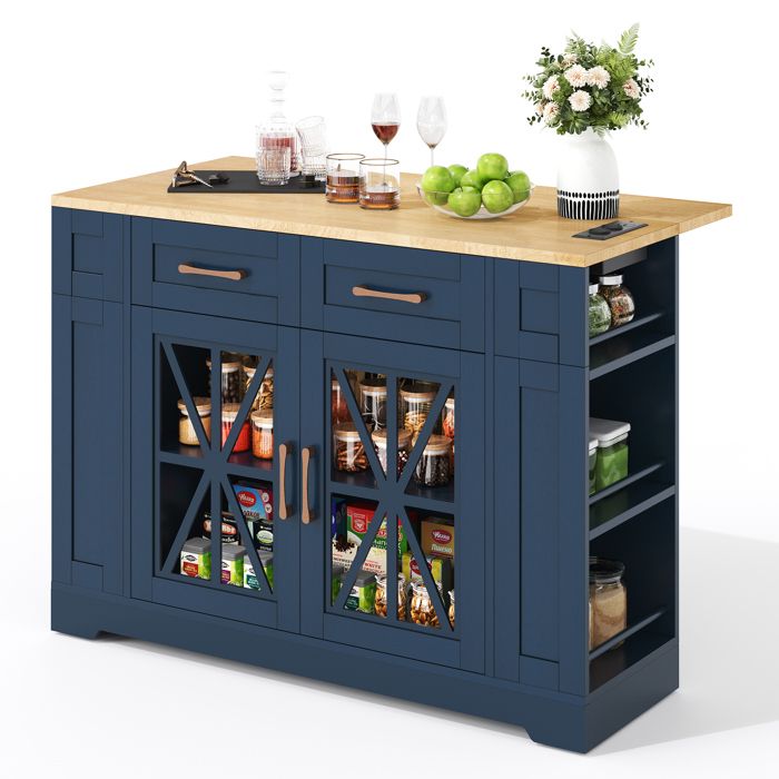 Buffet de cuisine 120x65x92 cm avec table à manger rabattable et porte vitrée Îlot de cuisine avec prise secteur port USB Bleu