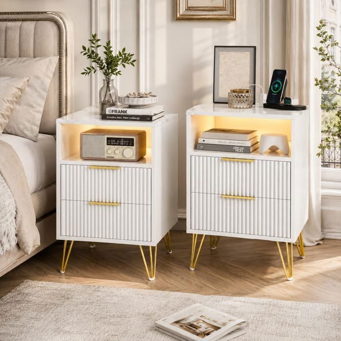 Lot de 2 Table de Chevet-avec 2 Tiroirs Lumière LED-40x40x60cm-avec Ports USB et Prises électriques-Pour ChambreSalonBureau-Blanc