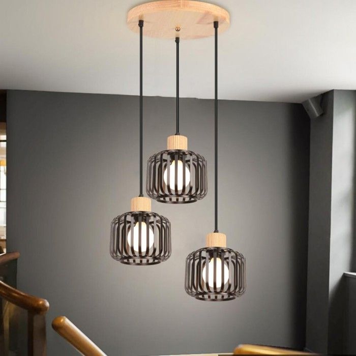 Lustre suspension 3 lampes - SMOTOP - Noir métal et bois - E27 x3 - Style scandinave vintage