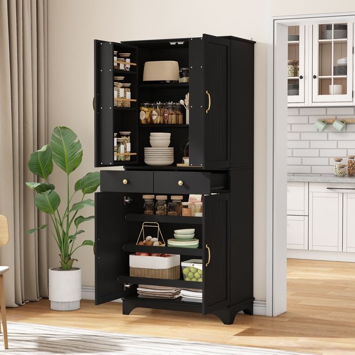 Buffet Haut Cuisine Meuble de Rangement Armoire avec 2 Tiroirs et 4 Portes Étagères Réglables Meuble Colonne pour Cuisine Noir