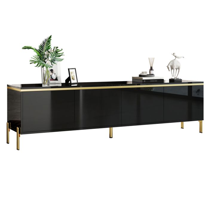 Meuble TV Moderne Haute Brillance 4 Portes Gestion des Câbles Bordure Dorée Support TV avec Rangement pour Salon 170cm.