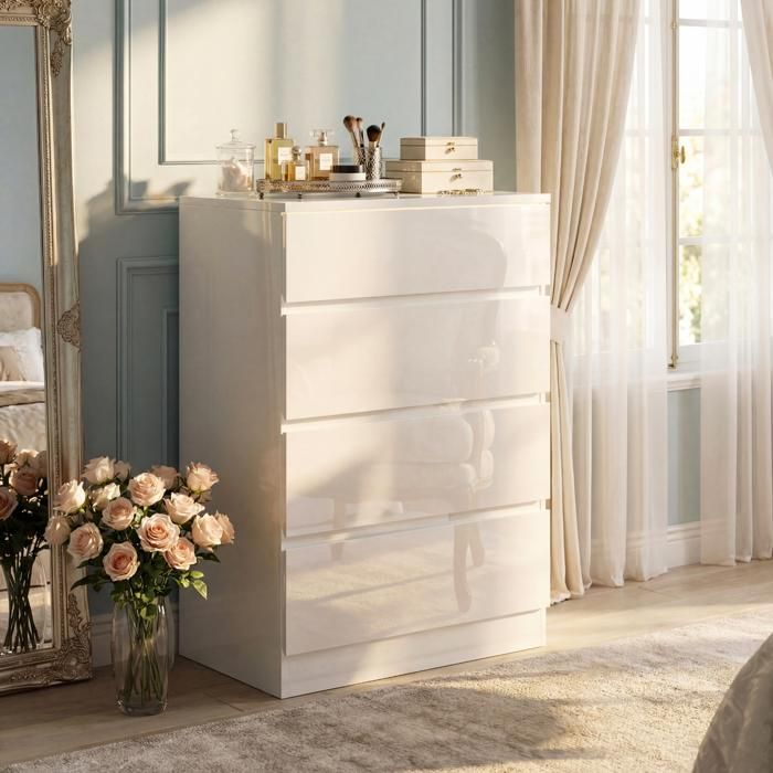 Commode 4 tiroirs avec Plateau en verre Petit rangement Lumière LED intégrée Chambre 40x60x90 Blanc Brillant