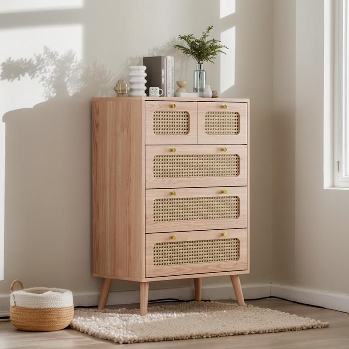 Commode 5 tiroirs Rotin Cannage Buffet Salon en Bois MDF Commode de Rangement pour Couloir Salon et Chambre Couleur Boisée