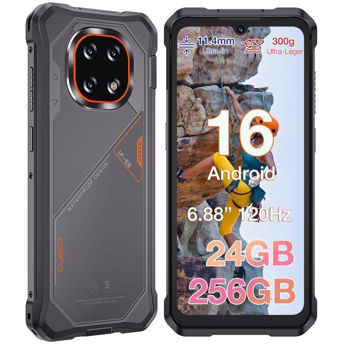 CUBOT Kingkong ES5 Telephone Portable Incassable 24(12+12)Go + 256Go 7000mAh 6.88 120Hz 64MP Smartphone 4G Double SIM NFC GPS Gris