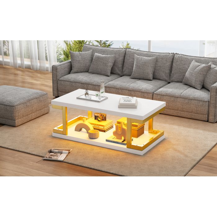 Modenuit Table basse rectangulaire 100 x 50 x 37 5 cm avec LED RGB rangement ouvert blanc et or
