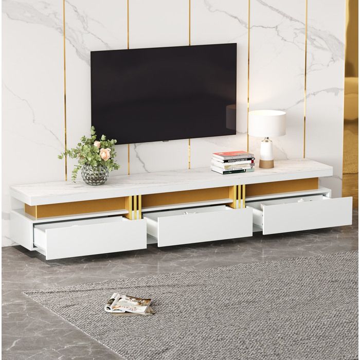 Meuble TV blanc 200 x 40 x 42 cm avec table basse aspect marbre 5 tiroirs décor doré ensemble salon moderne ORVRYN