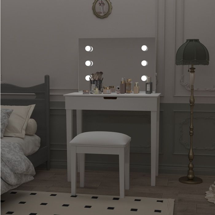 Coiffeuse blanche 80 x 40 x 125 cm avec miroir lumineux LED 2 tiroirs tabouret et ports USB Type-C