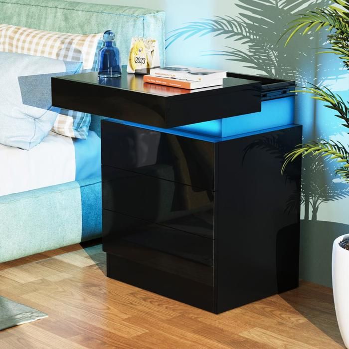 KEDIA Lot de 1 Table de Chevet Avec 16 Couleurs LED Réglable 40x35x61cm 3 Tiroirs Prise et Port USB Chambre à Coucher Salon