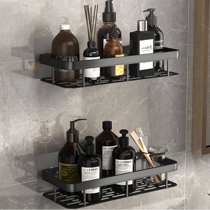 1 PCS Etagere douche Panier salle de bain aluminium Rangement sans perçage noir Porte shampoing anti-rouille .