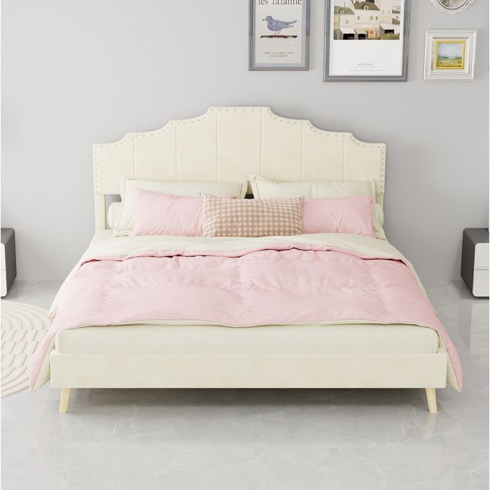 Lit rembourré 160 x 200 cm AESVAR avec tête de lit géométrique sommier à lattes beige