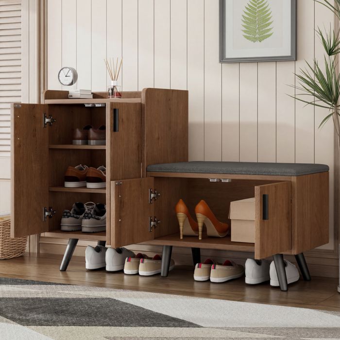 WOVREO Banc à chaussures meuble dentrée 120 cm effet bois naturel 4 portes avec assise rembourrée et pieds en métal