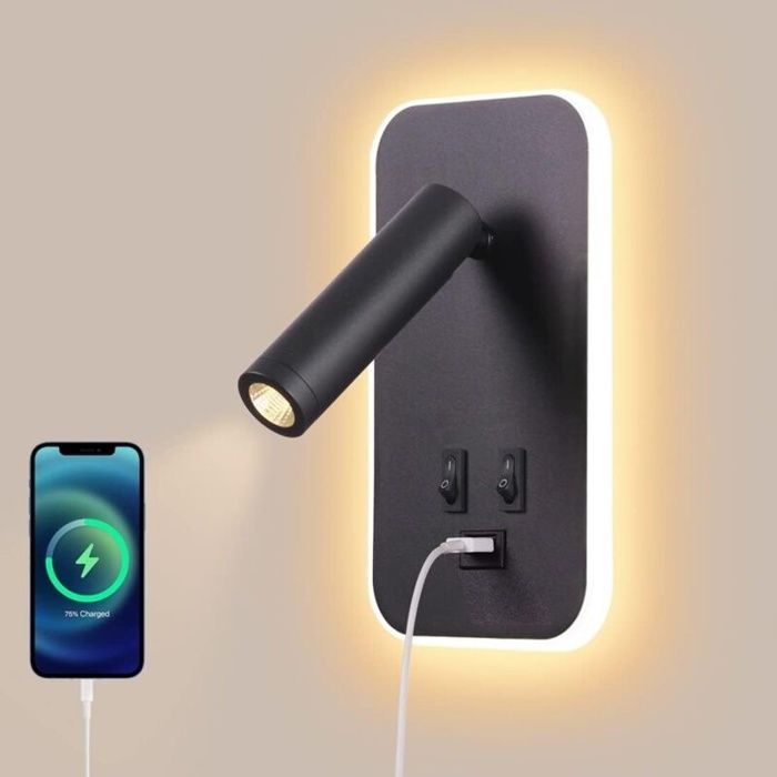 Lampe murale LED lampe de chevet lampe de lecture avec interrupteur port de chargement USB et spot réglable.
