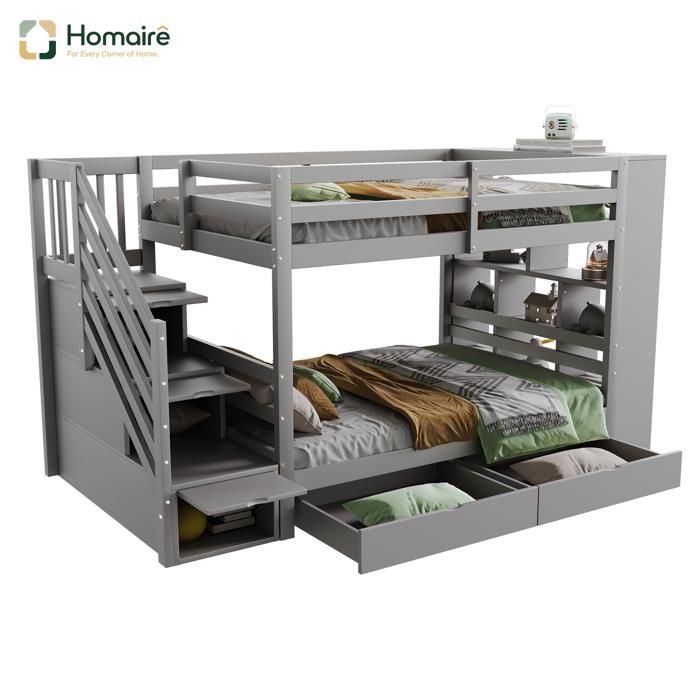 Lit superposé en bois de pin avec tiroirs de rangement échelle de sécurité finition blanche pour enfants et adolescents HO