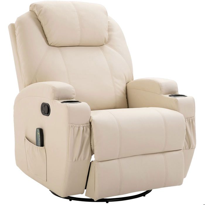 Fauteuil relax massant 1 place – simili cuir blanc crème – pivotant 360° – fonction bascule
