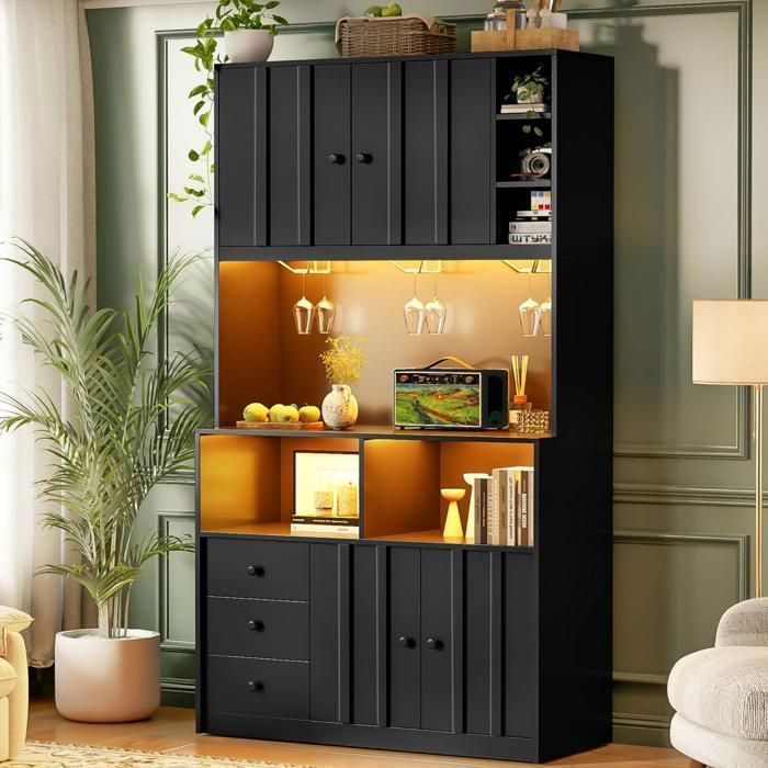 Buffet de Cuisine 100 x 40 x 180 cm avec LED Prises 3 Porte-Verres Étagère Réglable Meuble Café Noir Buffet de Cuisine 100 x 40 x 180 cm avec LED Prises 3 Porte-Verres Étagère Réglable Meuble Café Noir