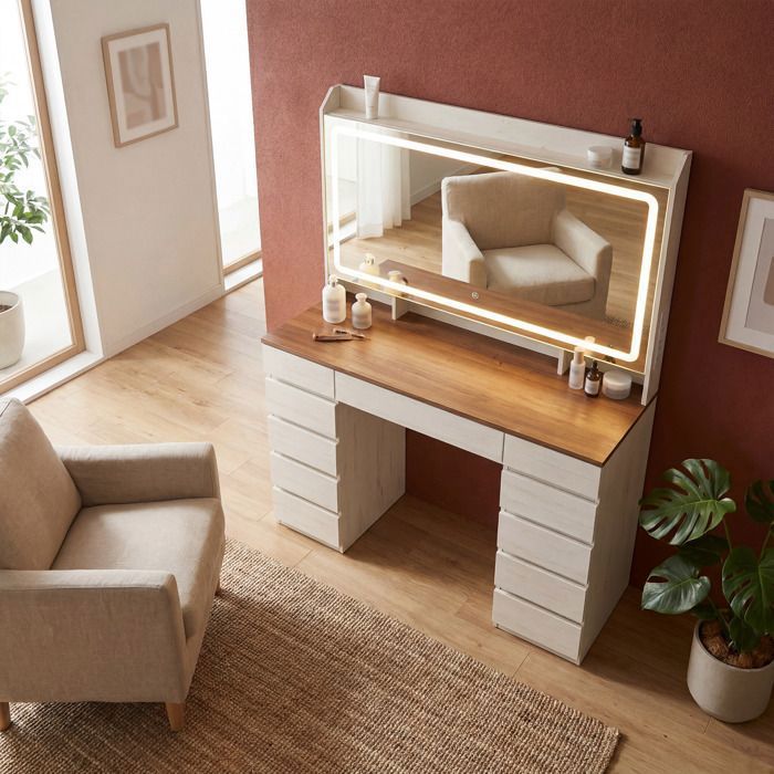 Coiffeuse avec Grand Miroir HD 11 Tiroirs 3 Compartiments Étagère Supérieure pour Chambre Blanc-Brun