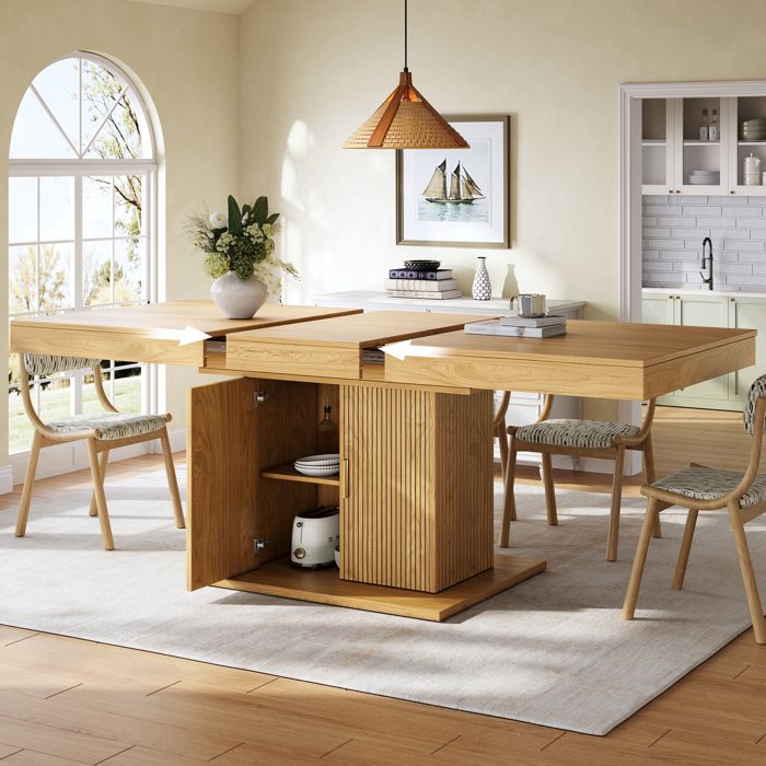 Table à Manger Extensible -140-180 cm - Chêne Clair - avec Rangement Piètement Cannelé MDF et Métal Table à Manger Extensible -140-180 cm - Chêne Clair - avec Rangement Piètement Cannelé MDF et Métal