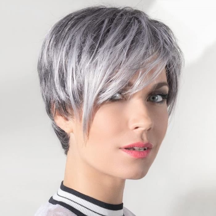 Perruque Femme Naturelle Gris Courte Perruque Pixie Perruque Cheveux Naturel Perruques Frange Coiffure En Couches Synth tique H1213