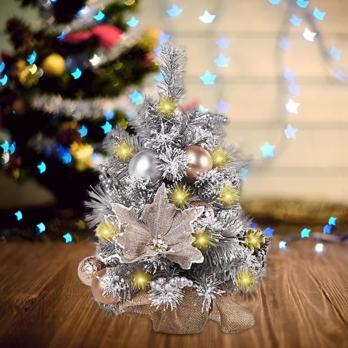 Becoyou Mini Sapin de Noel 60CM,Blanc Petit Sapin de Noel Lumineux, Sapin de Noel Table avec Guirlandes Lumineuses et Ornements, Décoration de Noël pour Interieur Table