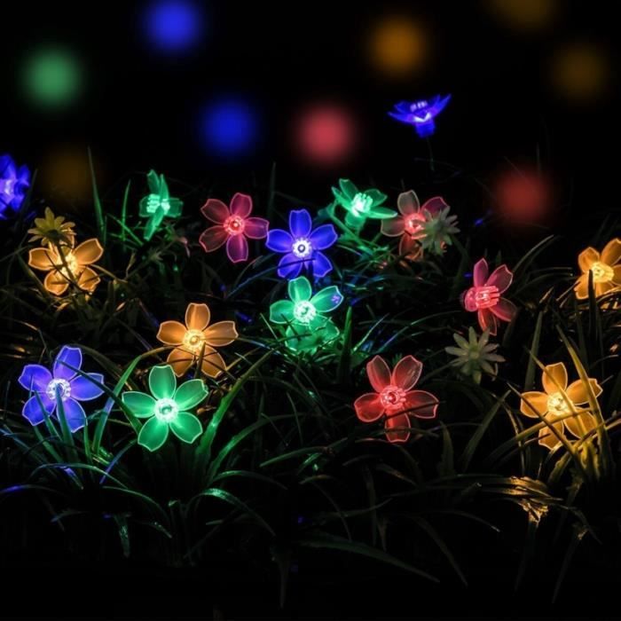 guirlande lumineuse solaire d'extérieur 7m 50 led coloré, guirlande étanche fleurs de cerisier forme, 8 modes lumière de jardin