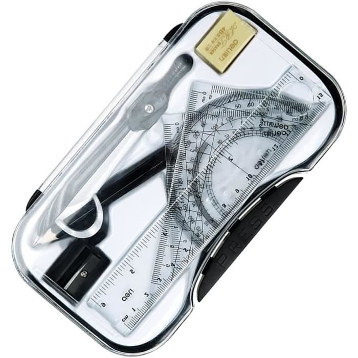 Compasso Professionale Kit Géométrie 8 Pièces - Compas, Règle, Rapporteur, Crayon, Gomme, Étui Transparent Cahier 24x32 Grand Carreaux 96 Pages