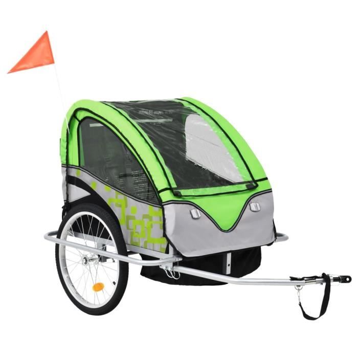 Remorque à vélo et poussette pour enfants 113 x 85 x 105 cm (L x l x H)- Mixte Convertible Jogger - 2 en 1 -Vert et gris