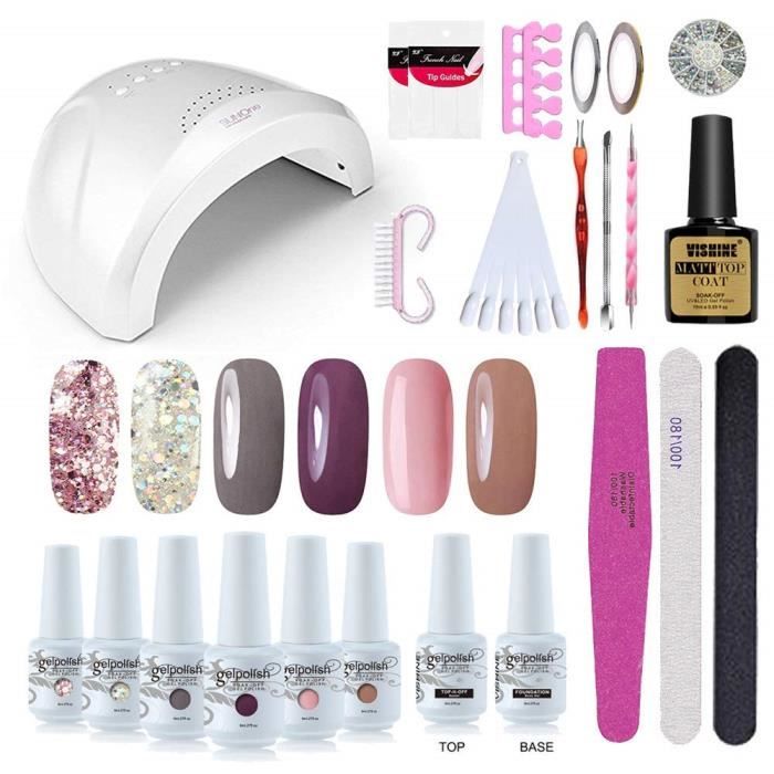 Vishine Kit Complet Vernis Semi Permanent 48w Professionnelle Lampe Led Séchoirs à Ongles6 Couleurs Sélectionnées Top Coat Base
