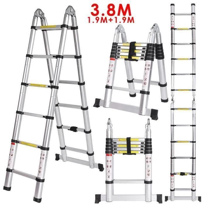LZQ Échelle Télescopique Pliante 3,8m (1,9m +,1,9m), 2 en 1 Escabeau Pliant  Ladder, Échelle Escabeau Escamotable Télescopique en Aluminium 12