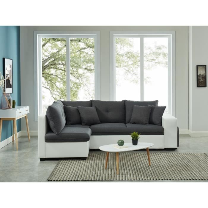 davenport canape d angle gauche koselig 4 places tissu gris et pu blanc table basse cdiscount maison